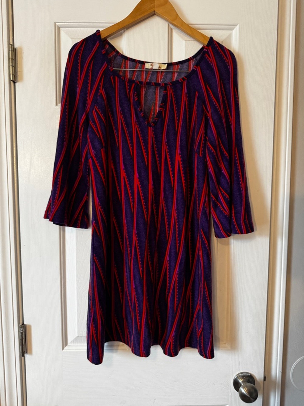 Aryeh Retro 1970s Inspired Dress Purple Red Stripe Bell Sleeve Medium 0579
